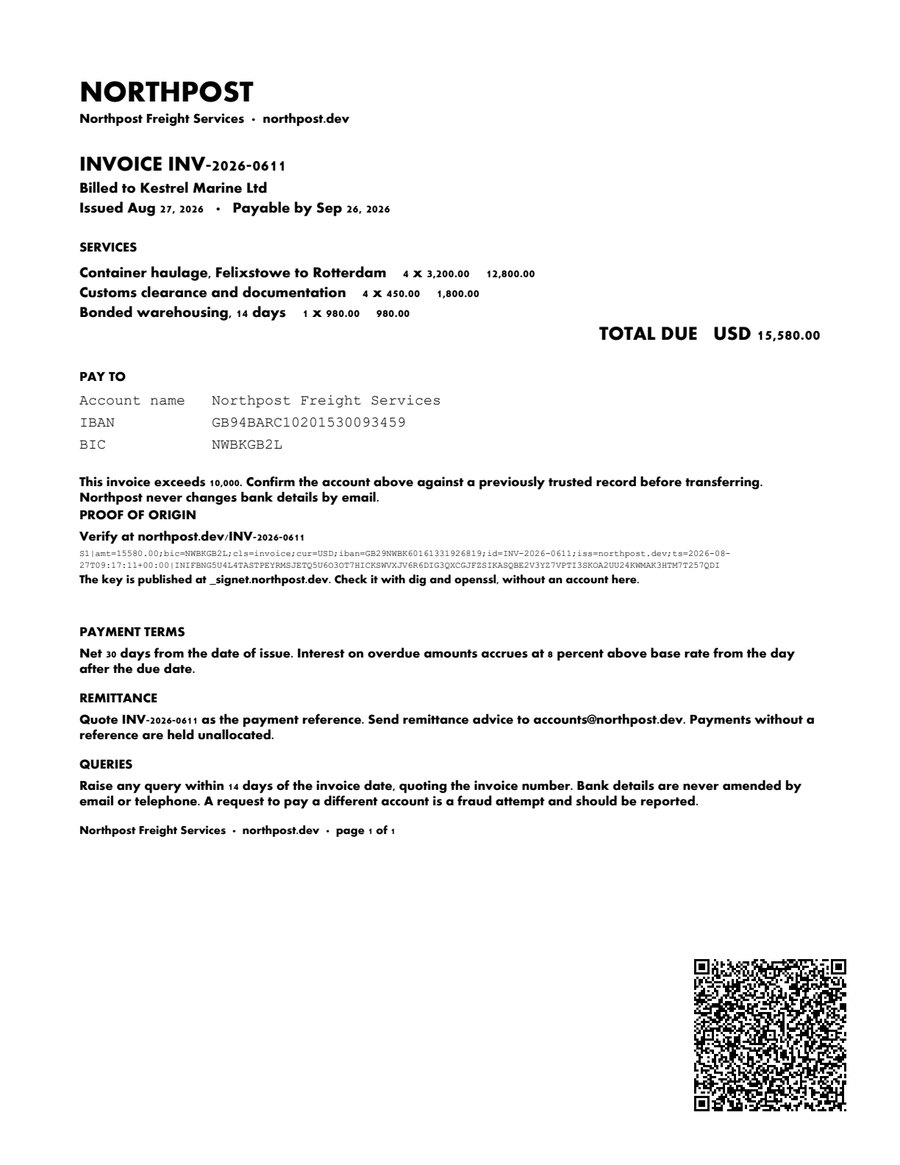 The same invoice with a different bank account printed on it.