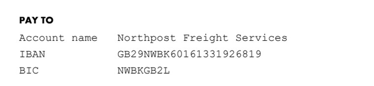 The pay-to block showing the real account number.